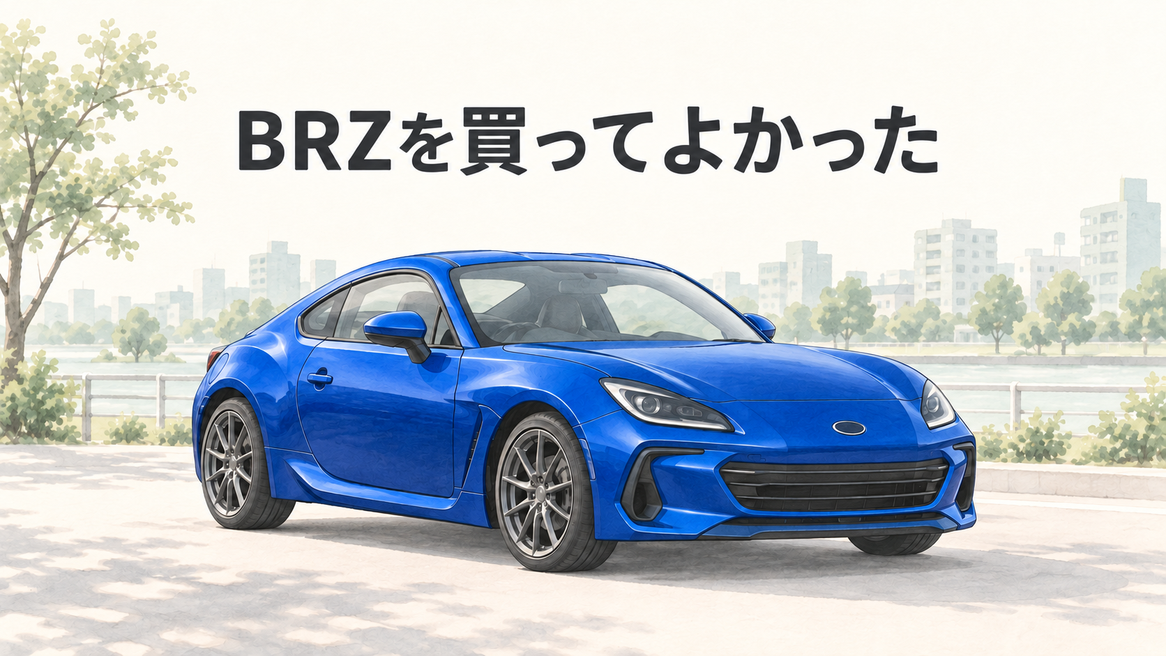 淡い街並みを背景にしたWRブルーのBRZのイラスト。「BRZを買ってよかった」の文字。