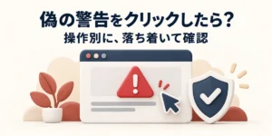 偽の警告をクリックしたら、操作別に落ち着いて確認。警告画面とカーソル、盾のイラスト。