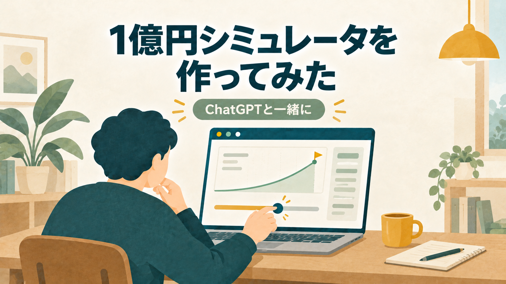 自宅の机で、資産推移のグラフと年率スライダーが表示された1億円シミュレータを操作する人のイラスト