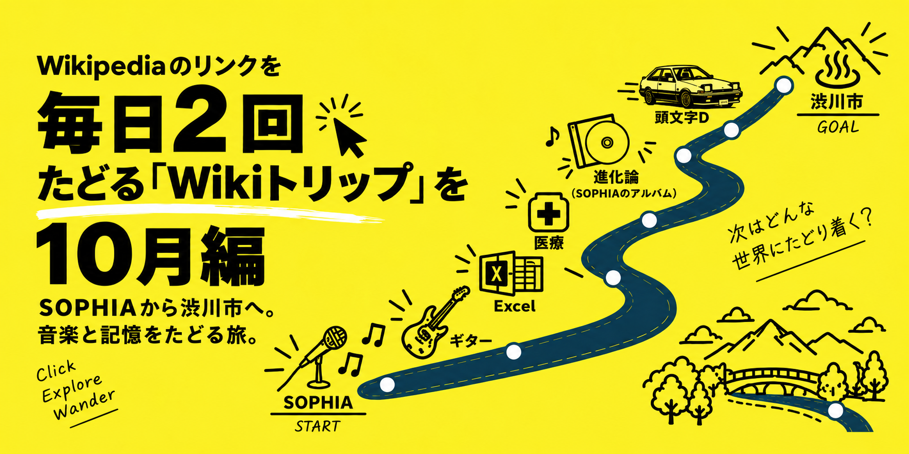 SOPHIAから渋川市まで、ギター、Excel、医療、アルバム「進化論」、頭文字Dをたどる10月のWikiトリップ