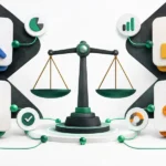 複数のSEOツールを比較する天秤と機能カードのイメージ