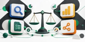 複数のSEOツールを比較する天秤と機能カードのイメージ